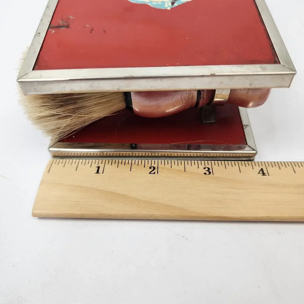 Vintage Red Metal Folding Travel Shaving Kit w/ Brush Bowl & Mirror Fish / Water